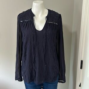 Anthropologie TINY Top Women's Navy Embroidered Split Neck Top Blouse Sz S